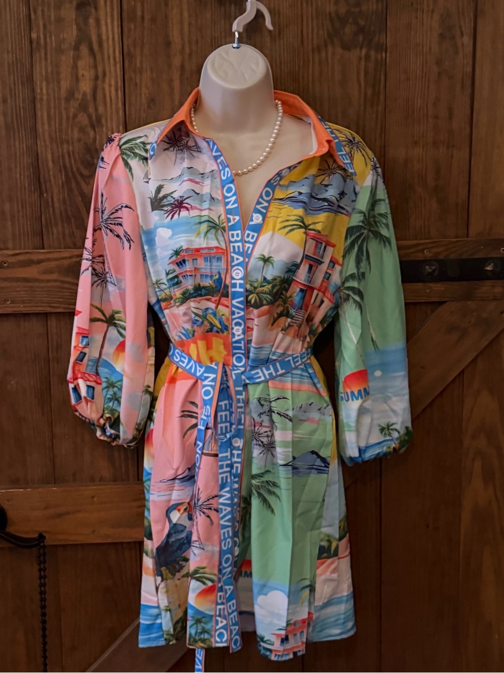 Source Unknown Multicolor Tropical Shirt Mini Dress with Tie Waist